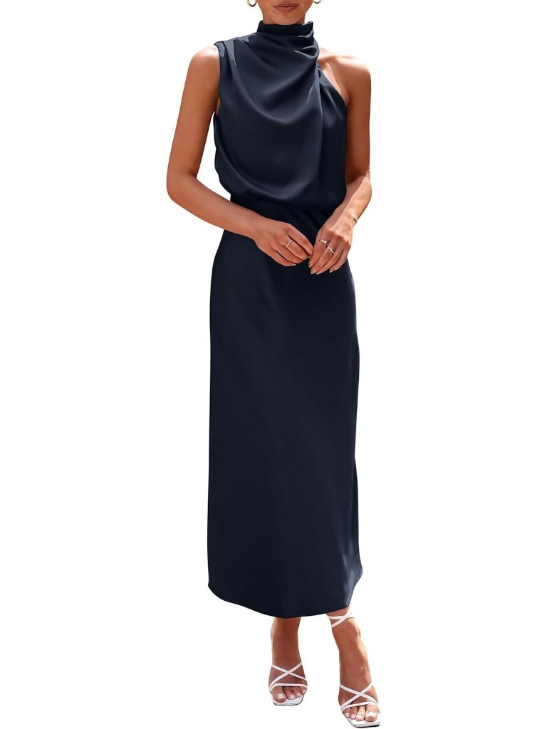 Women's Summer Dress Sleeveless Dark Navy Mock Neck Cocktail Party Maxi Dresses